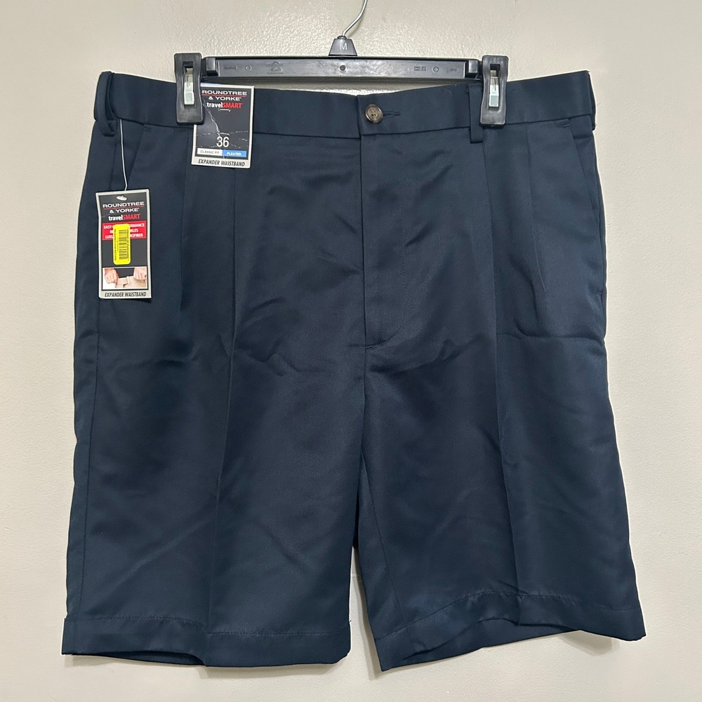 Roundtree & Yorke Shorts Mens 36X9 Navy NEW TravelSmart Pleated Expander Waist